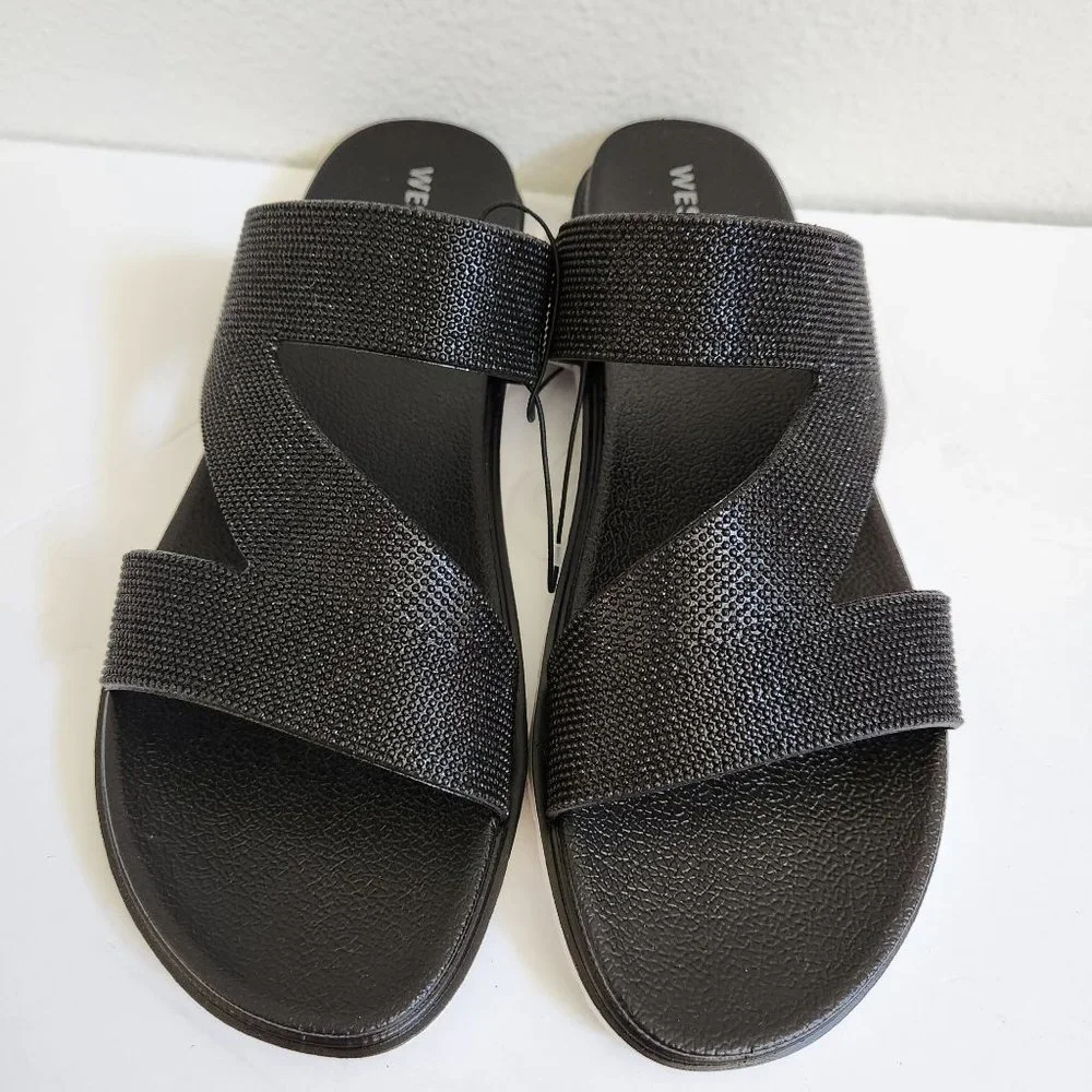 West Loop Women's Casual Slip-on Glitter Slide Sandals, Black Size 7-8